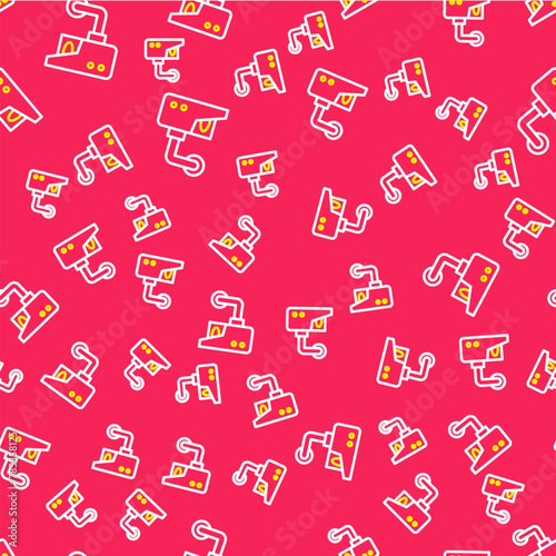 Line Security camera icon isolated seamless pattern on red background. Vector