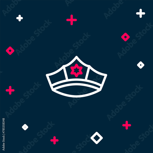 Line Police cap with cockade icon isolated on blue background. Police hat sign. Colorful outline concept. Vector