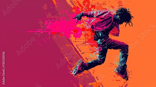 Illustrate a contemporary hip-hop dancer in profile, merging bold pixel art techniques with a glitchy effect for a dynamic and edgy visual representation