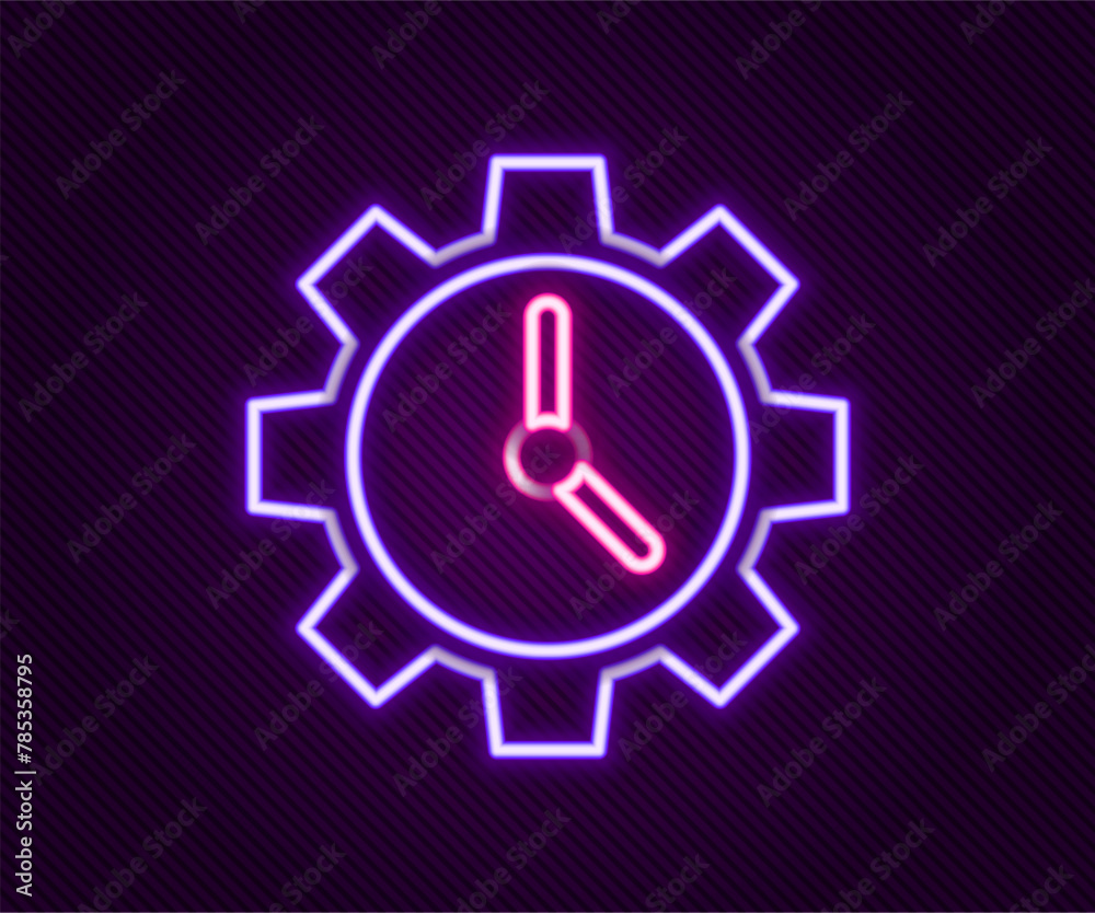 Glowing neon line Time Management icon isolated on black background. Clock and gear sign. Productivity symbol. Colorful outline concept. Vector Glowing neon line Time Management icon isolated on black background. Clock and gear sign. Productivity symbol. Colorful outline concept. Vector