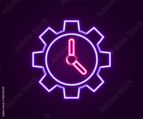 Glowing neon line Time Management icon isolated on black background. Clock and gear sign. Productivity symbol. Colorful outline concept. Vector