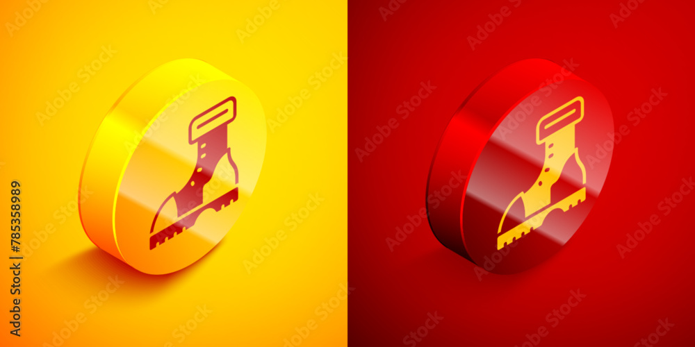 Isometric Waterproof rubber boot icon isolated on orange and red background. Gumboots for rainy weather, fishing, gardening. Circle button. Vector Isometric Waterproof rubber boot icon isolated on orange and red background. Gumboots for rainy weather, fishing, gardening. Circle button. Vector