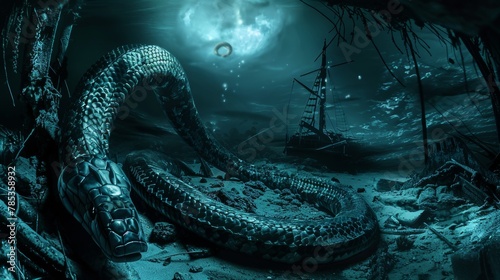 Mythical Sea Beast Scales Underwater Shipwreck Moonlight. photo