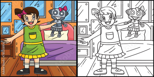  Girl with Robot Toy Coloring Page Illustration photo