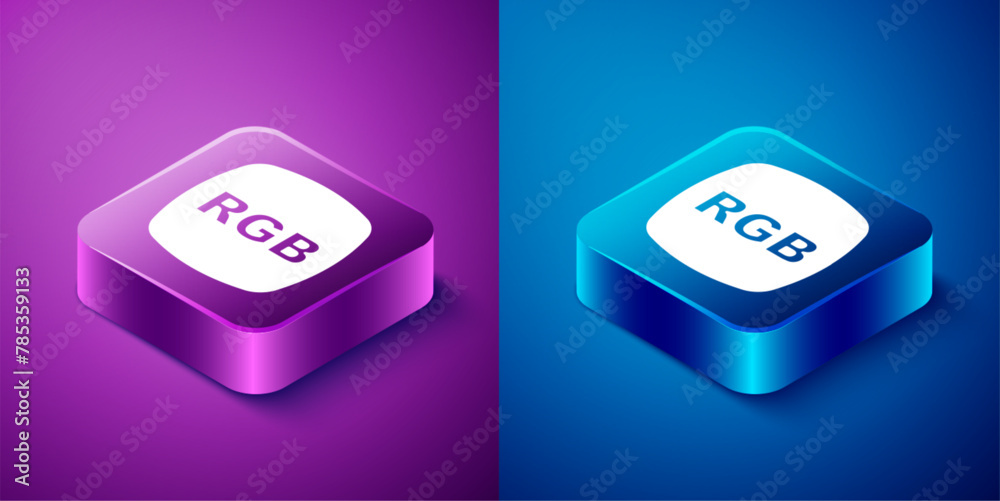 Isometric Speech bubble with RGB and CMYK color mixing icon isolated on blue and purple background. Square button. Vector Isometric Speech bubble with RGB and CMYK color mixing icon isolated on blue and purple background. Square button. Vector