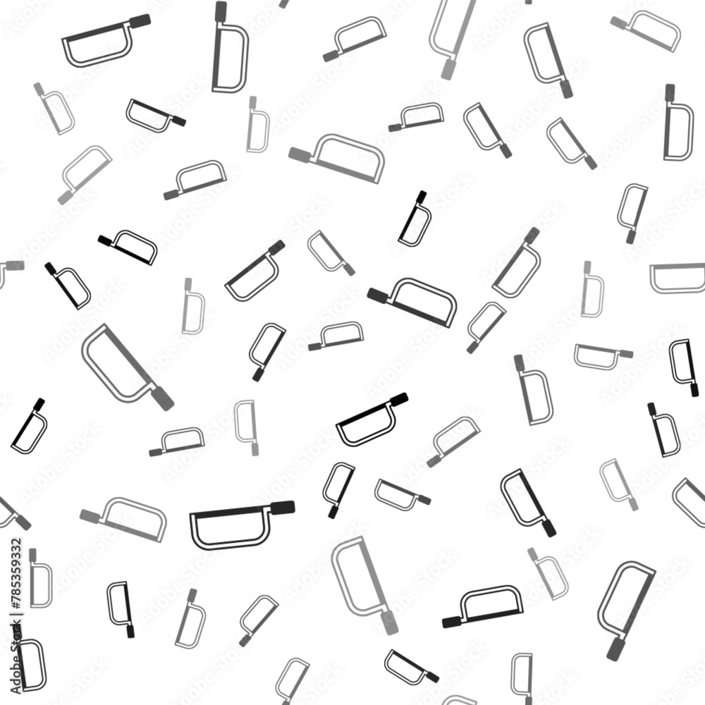 Black Hacksaw icon isolated seamless pattern on white background. Metal saw for wood and metal. Vector Black Hacksaw icon isolated seamless pattern on white background. Metal saw for wood and metal. Vector
