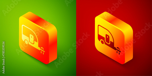 Isometric Rv Camping trailer icon isolated on green and red background. Travel mobile home, caravan, home camper for travel. Square button. Vector