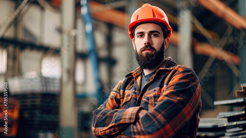 Confident worker in industrial setting - A confident male worker with a beard in a safety helmet standing with arms crossed in an industrial warehouse