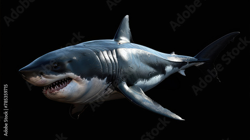 Realistic great white shark on black - A detailed image of a great white shark  showcased on a pitch-black background  emphasizing the shark s features