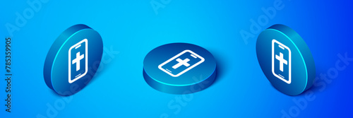 Isometric Christian cross on mobile phone icon isolated on blue background. Church cross. Blue circle button. Vector