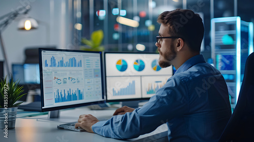 A man sitting in front of two computer monitors. Ideal for technology and remote work concepts 