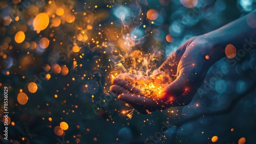 Magical sparks flying from a human hand - A human hand releases an explosion of glittering sparks, creating a magical and mystical atmosphere, symbolizing creation or imagination #785360129