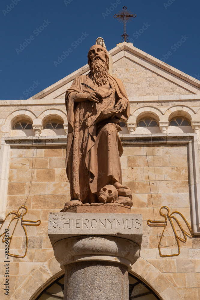 Statue of St. Hieronymus near the main entrance to the Church of Saint Catherine, Bethlehem