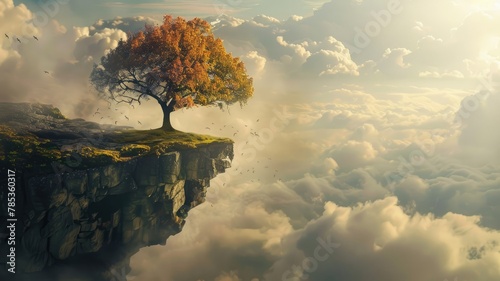 Lone tree on a precipice above clouds at sunset - A majestic lone tree stands on a cliff over a sea of clouds beneath a warm sunset sky, evoking peace and serenity photo