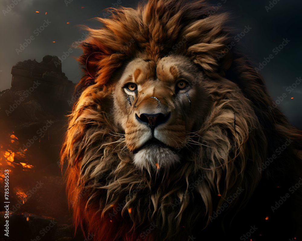 Lion in the fire. 3D rendering. Fire background.