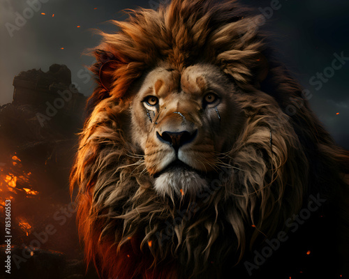 Lion in the fire. 3D rendering. Fire background.