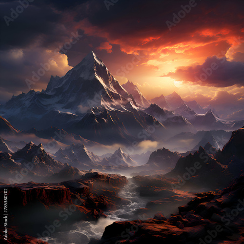 Fantasy landscape with mountain peaks in the clouds. 3d render