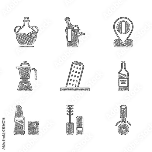 Set Tower in Pisa, Mascara brush, Pizza knife, Bottle of wine, Lipstick, Coffee moca pot, Location flag Italy and olive oil icon. Vector