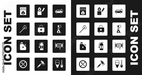 Set Burning car, First aid kit, match with fire, Matchbox and matches, Bucket extinguishing, Lighter, Fire hose reel and Canister fuel icon. Vector