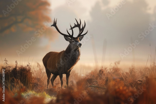 Solitary deer bathed in sunrise light - A solitary deer stands in a field, bathed in the soft light of a hazy sunrise, evoking a feeling of peace