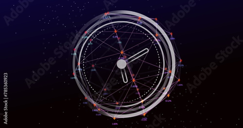 Image of clock moving over connections on black background