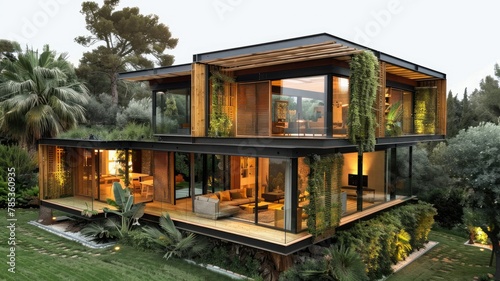 Modern house with greenery and warm lighting - A sophisticated modern house covered in lush greenery with warm interior lighting seen from outside