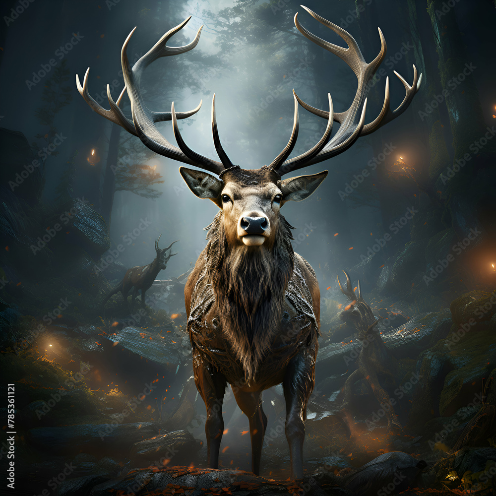 Deer with big antlers in the forest. 3D rendering Deer with big antlers in the forest. 3D rendering