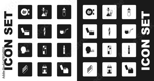 Set Electronic cigarette, Marijuana joint, spliff, Lighter, Tobacco leaf shop, No pipe smoking, Hookah, and Man icon. Vector