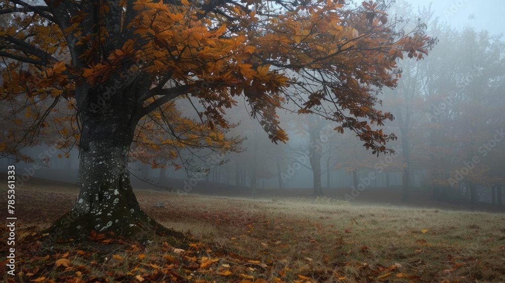 Misty autumnal scene with a large tree - An atmospheric photo capturing fog enveloping a forest with a prominent leaf-strewn tree