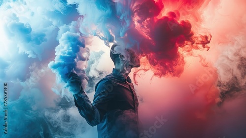 Man holding a box with colorful smoke - An artistic representation of a man holding a box releasing mystical colored smoke against a monochrome background photo