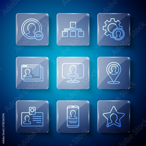 Set line Identification badge, Mobile with resume, Head hunting, Location person, Resume, Create account screen and icon. Vector