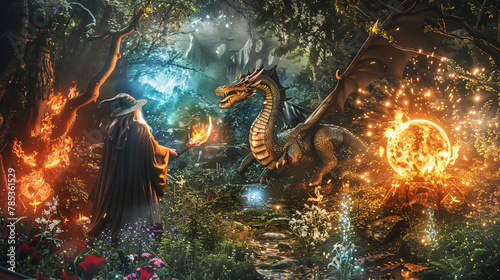 Fantasy garden with dragon and wizard symbolizing the