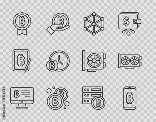 Set line Mining bitcoin from monitor, mobile, Blockchain technology, Bitcoin, with clock, Server and Video graphic card icon. Vector