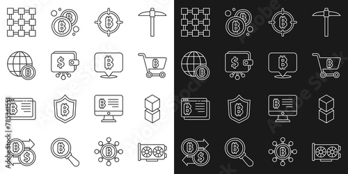 Set line Video graphic card, Blockchain technology, Shopping cart with bitcoin, Bitcoin the target, Cryptocurrency wallet, Globe, and icon. Vector