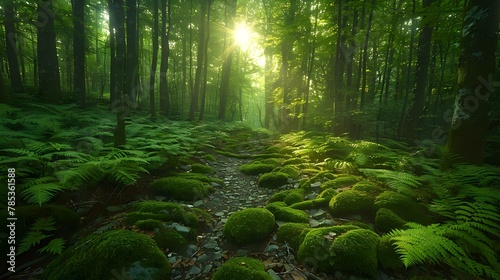 Serenity Among Sunlit Ferns and Mossy Stones. Concept Serenity  Sunlit Ferns  Mossy Stones  Nature Photography  Tranquility
