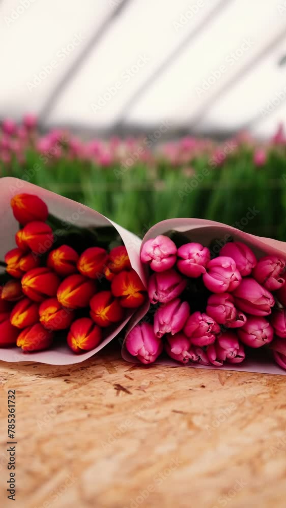 Commercial greenhouse. Growing flowers. Hydroponic cultivation of tulips in an industrial greenhouse. Vertical format Commercial greenhouse. Growing flowers. Hydroponic cultivation of tulips in an industrial greenhouse. Vertical format