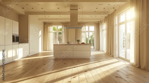 Gorgeous new luxury home's kitchen interior featuring a wooden floor, a kitchen island and a bright minimalist design with text space, Generative AI.
