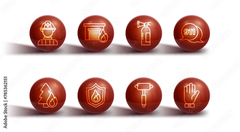 Set line Firefighter, Burning forest tree, Telephone call 911, axe, protection shield, burning garage, gloves and extinguisher icon. Vector Set line Firefighter, Burning forest tree, Telephone call 911, axe, protection shield, burning garage, gloves and extinguisher icon. Vector