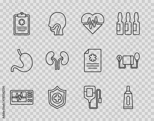 Set line Monitor with cardiogram, Ointment cream tube medicine, Heart rate, Life insurance hand, Clinical record, Human kidneys, IV bag and Blood pressure icon. Vector