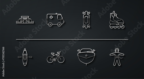 Set line Formula 1 racing car, Kayak canoe, Roller skate, Speedboat, Bicycle, Ambulance and emergency, Bungee jumping and Longboard skateboard icon. Vector