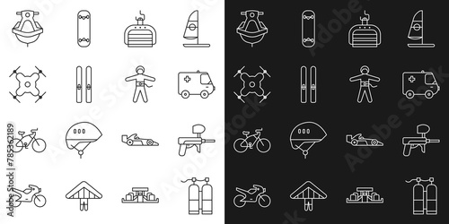 Set line Aqualung, Paintball gun, Ambulance and emergency car, Ski lift, sticks, Drone flying, Jet ski and Bungee jumping icon. Vector