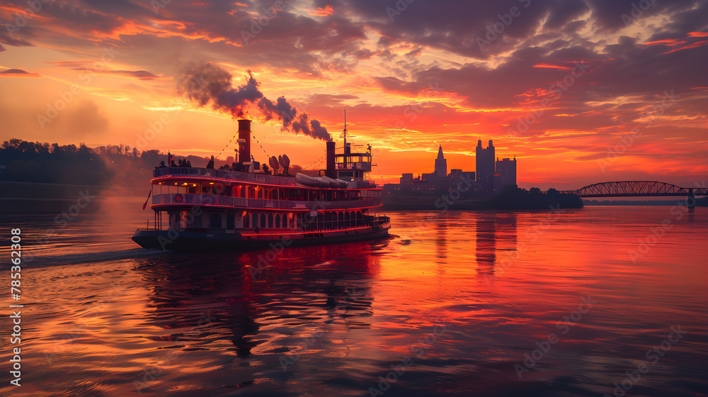 Nostalgic Journey: Classic Steamboat Cruise on the Ohio River at Sunset