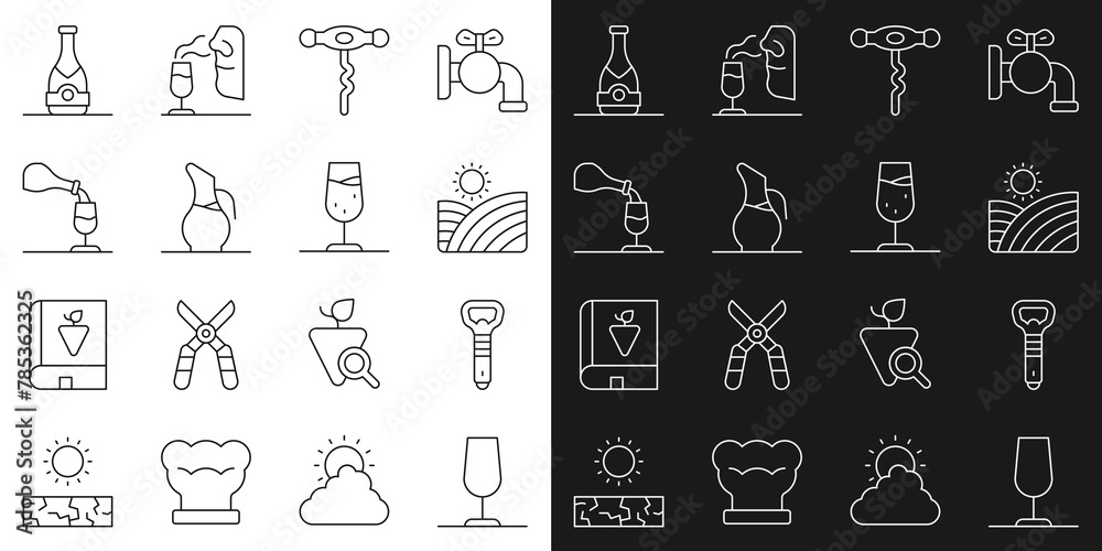 Set line Wine glass, Bottle opener, Vineyard wine grapes, corkscrew, Decanter for, tasting, degustation, Champagne bottle and icon. Vector