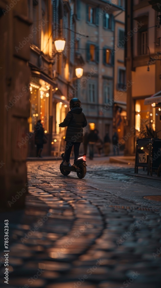 Electric scooter with the quickness of a rabbit, darting through historic city streets, soft evening light creating a warm ambiance