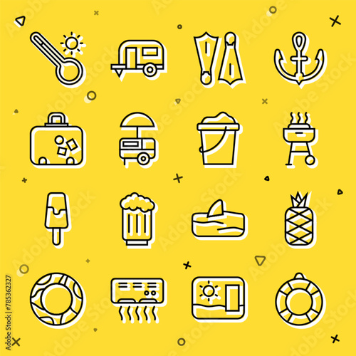 Set line Lifebuoy, Pineapple, Barbecue grill, Rubber flippers for swimming, Fast street food cart, Suitcase, Meteorology thermometer and Sand bucket icon. Vector