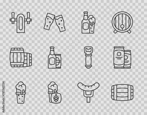 Set line Glass of beer, Wooden barrel, Beer bottle and glass, tap, can, Sausage on the fork and icon. Vector