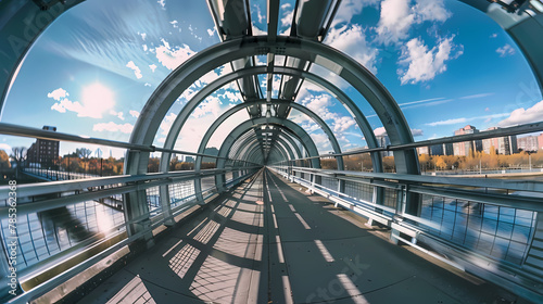 Modern Pedestrian Bridge With Geometric Structure on a Sunny Day photo