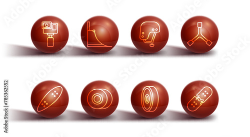 Set line Action camera, Longboard or skateboard, Skateboard Y-tool, ball bearing, wheel, park, Broken deck and helmet icon. Vector