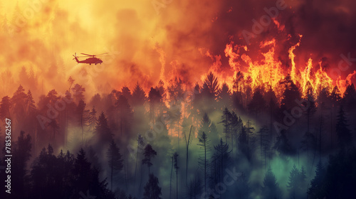 Helicopter fighting forest fires during a hot sunny summer day
