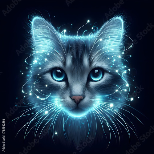 Cat head, isolated on a dark background, bioluminescent lightning, Close Up